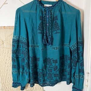 Antik Batik Anthropologie Medium Teal Embroidered Boho Bohemian Women's Top